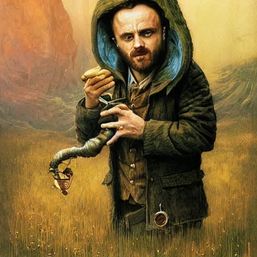 Image similar to Jesse Pinkman as a Hobbit smoking a pipe by Esao Andrews and Karol Bak and Zdzislaw Beksinski