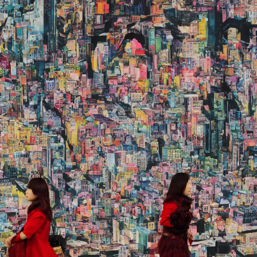 Prompt: An Asian woman is dressed by a city image, in a cloudy office covered with colorful images, Cindy Sherman