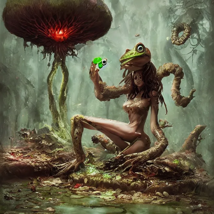 Prompt: Carnivore godlike fairy eating a frog alive , giant mushrooms , psychedel tint , Junji Ito and Greg rutkowski