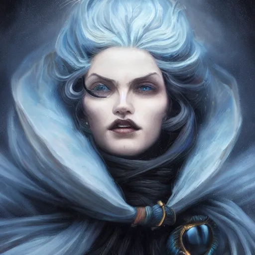 Image similar to grumpy long dark haired women, ice mage, by steve argyle by tyler jacobson by peter mohrbacher, black coat, black makeup, hyperrealistic, hyperdetailed, fantasy artwork, fantastic artwork, 4 k, trending on artstation