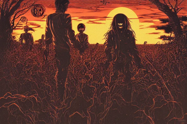 Image similar to disturbing horror zombie manga cover illustration by junji ito and joe fenton and syd mead and p. craig russell and barry windsor - smith, artstation, 4 k, graphic novel, concept art, matte painting, beautiful american rustic western landscape sunset background, golden hour, art nouveau