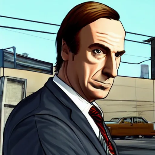 Image similar to Saul Goodman from Better Call Saul as a GTA character portrait, Grand Theft Auto, GTA cover art