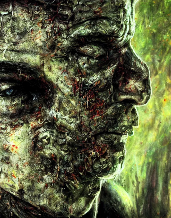 Image similar to Terminator covered in moss, photorealistic, masterpiece, perfect composition, hyperrealistic beautiful face, spectacular quality, intricate oil pastel glow, dynamic lighting, photorealistic, fantasy concept art, ambient lighting, atmospheric, stunning visuals, creative, cinematic, ultra detailed, trending on art station