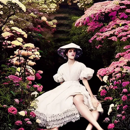 Prompt: full body fashion model emma watson by Hasui Kawase by Richard Schmid smokey eyes makeup eye shadow fantasy, glow, shimmer as victorian woman in a long white frilly lace dress and a large white hat having tea in a sunroom filled with flowers, roses and lush fern flowers ,intricate, night, highly detailed, dramatic lighting , high quality