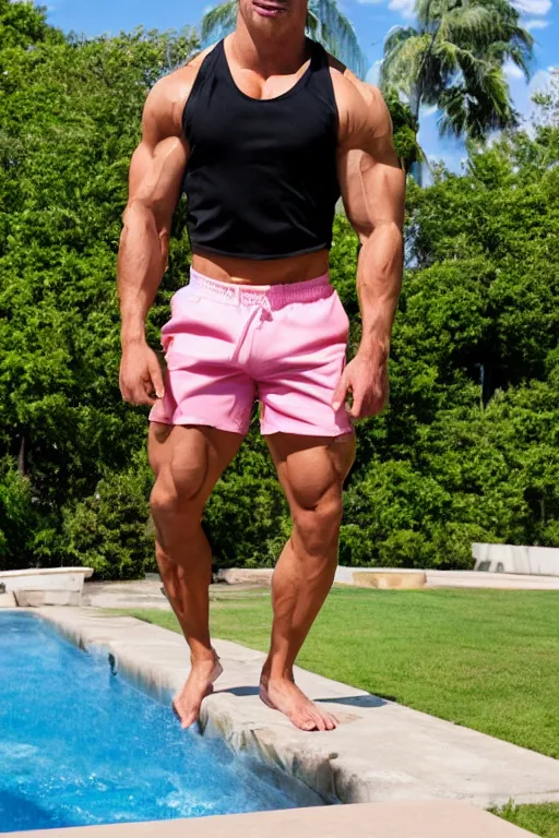 Prompt: a handsome muscular male fitness model with blonde hair, ken, wearing a cut-off black crop top and short light pink shorts, by a swimming pool, shiny glossy skin