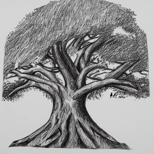 Prompt: oak tree on a hill, logo, pencil drawing, sharp lines, detailed