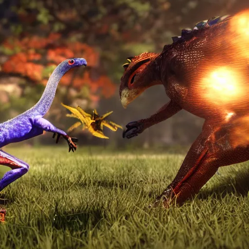 Image similar to screenshot of animal fighting game on ps 4, bird vs lizard, unreal engine,