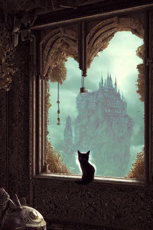 Prompt: humanoid cat looking out a castle window at his kingdom while a court jester waves at him, intricate detailed environment, photorealistic!, octane render, mechanical, concept art, cinematic lighting, digital art, interstellar, hyper realism, sharp, cyberpunk, 8 k, de dia los muertos. by angus mckie, moebius, maciej kuciara