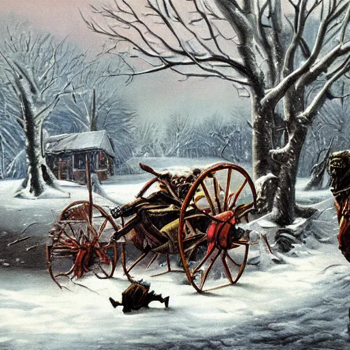 Image similar to painting of zombies attacking a carriage on a winter road, dark fantasy, high detail, realistic