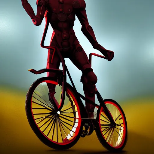 Image similar to humanoid on simple red bicycle artstation not detailed unreal