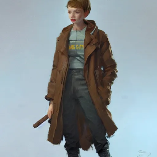 Prompt: a highly detailed epic cinematic concept art CG render digital painting artwork costume design: a teenage Sadie Sink in a 1950s man's coat and hoodie. muted colors with some yellow accents. By Greg Rutkowski, Ilya Kuvshinov, WLOP, Stanley Artgerm Lau, Ruan Jia and Fenghua Zhong, trending on ArtStation, made in Maya, Blender and Photoshop, octane render, excellent composition, cinematic atmosphere, dynamic dramatic cinematic lighting, aesthetic, very inspirational, arthouse