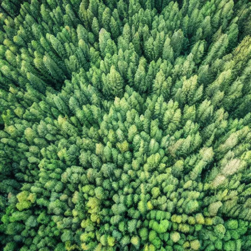 Image similar to a view from the sky of a thick forest with varying tree types, green, painted, high resolution