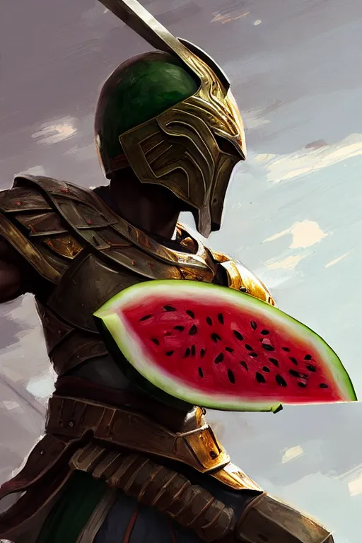 Image similar to a spartan king with a watermelon as shield, intricate, headshot, key visual, conceptart, ambient lighting, highly detailed, digital painting, artstation, concept art, sharp focus, by makoto shinkai and akihiko yoshida and greg manchess