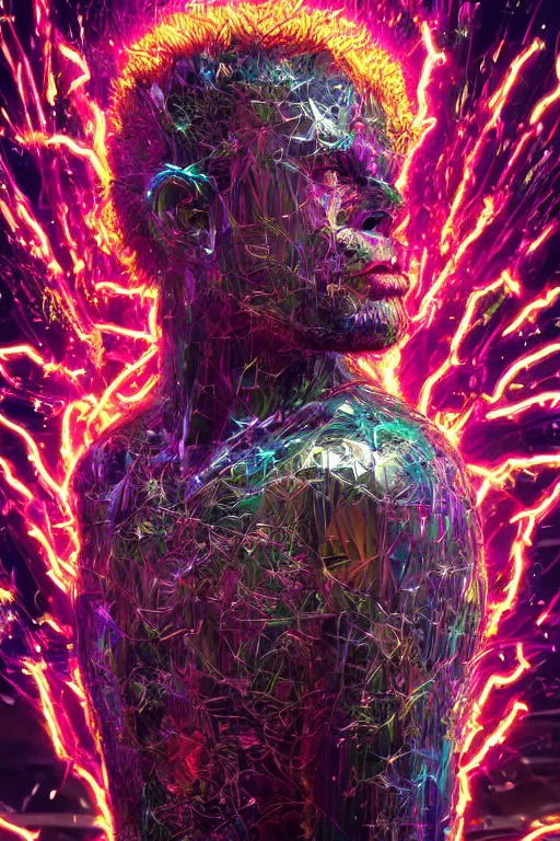 Image similar to hyper detailed ultra sharp portrait of baroque and bladerunner delicate neon ruby sculpture of seductive albino william levy gorilla green radioactive humanoid deity wearing metallic hoody made out of leaves holding the sun prismatic dungeon, glowing rainbow face, crown of white diamonds, cinematic lighting, photorealistic, octane render 8 k depth of field 3 d