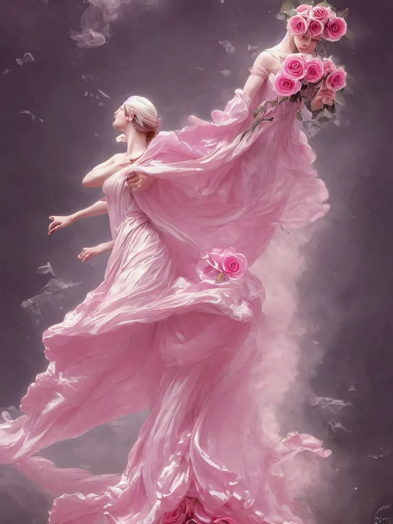 Image similar to !!beautiful!! woman dressed in a vaporous wrapped large victorian pink roses silk semi-transparent dress fashion is running, fantasy, intricate, elegant, highly detailed, digital painting, trending on artstation, concept art, matte, sharp focus, illustration, art by Artgerm and Greg Rutkowski and Alphonse Mucha