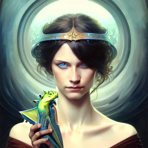 Prompt: Portrait of lizard girl, D&D, blue eyes, face, fantasy, intricate, elegant, highly detailed, digital painting, artstation, concept art, smooth, sharp focus, illustration, art by artgerm and greg rutkowski and alphonse mucha