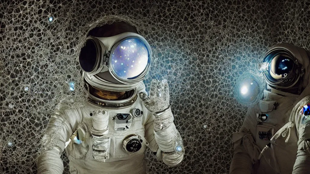 Image similar to a single astronaut eva suit made of diamond 3d fractal lace iridescent bubble 3d skin and covered with insectoid compound eye camera lenses floats through the living room, film still from the movie directed by Denis Villeneuve with art direction by Salvador Dalí, wide lens,