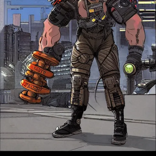 Prompt: Apex legends cyberpunk weight lifter. Concept art by James Gurney and Mœbius.