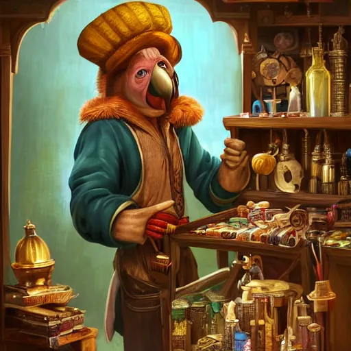 Image similar to Anthropomorphized parrot trader in his shop, shelves full, selling a gem, portrait, items, magic potions, carpet, window, intricate Renaissance hat, sly expression , cunning expression, cute expression, presenting magic gem, D&D, fantasy, cinematic lighting, highly detailed, digital painting, artstation, concept art, smooth, sharp focus, illustration, warm light, cozy warm tint, magic the gathering artwork, volumetric lighting, 8k, no gold, no gold colours, art by Akihiko Yoshida, Greg Rutkowski