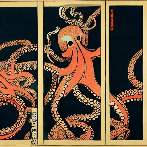 Image similar to an octopus smoking eight cigarettes, ukiyo-e triptych by Utagawa Kuniyoshi