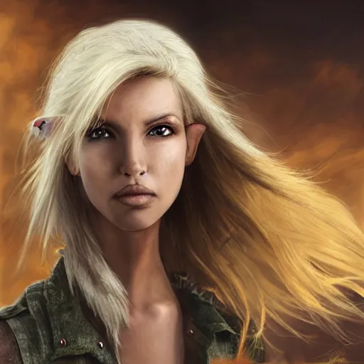 Image similar to close up headshot of a skinny female high-fantasy elf with a long face narrow chin and short spiky blonde hair wearing dark brown overalls and holding a bomb next to a destroyed car, gel spiked blond hair,narrow lips, high resolution film still, HDR color, painting by artgerm