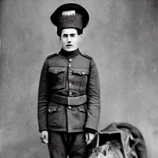 Image similar to a guinea pig wearing a ww1 russian uniform, standing in a trench, black and white photograph, grainy