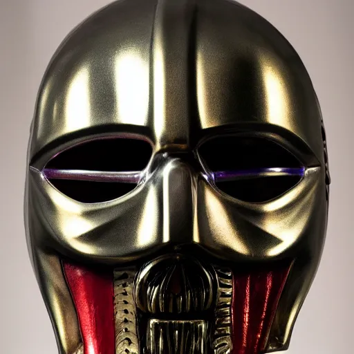 Prompt: a 4 k photo of a colorful ceramic warrior knight mask made of chrome gold and iron by h. r. giger with beautiful lighting