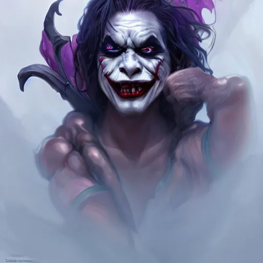 Image similar to portrait of michelle phan as the joker as a hulking herculean demon orc bugbear clown, godlike, upper body, fantasy, intricate, elegant, highly detailed, digital painting, artstation, concept art, sharp focus, illustration, art by artgerm and greg rutkowski and alphonse mucha