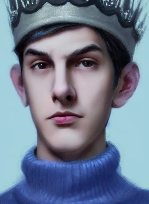 Image similar to portrait of teenage jughead jones wearing a light grey crown, crown, blue turtleneck, 1 9 5 0 s, closed eyes, photorealistic, black hair, glowing lighting, intricate, elegant, glowing lights, highly detailed, digital painting, artstation, concept art, smooth, sharp focus, illustration, art by wlop, mars ravelo and greg rutkowski