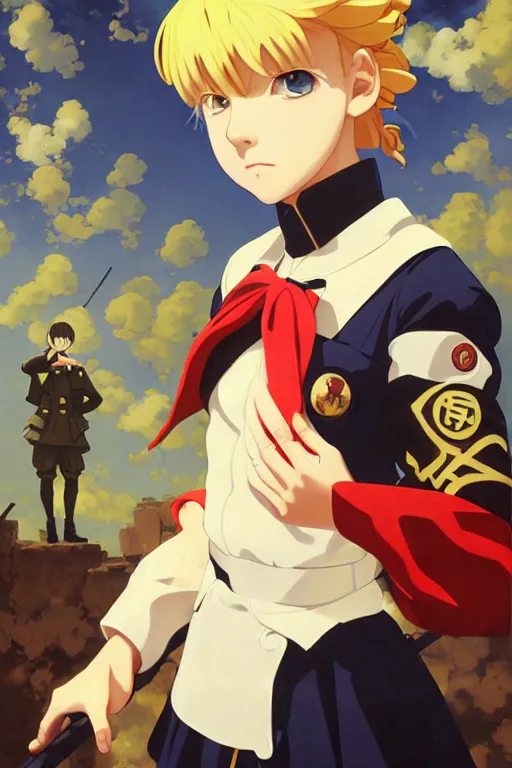 Image similar to baroque oil painting of propaganda poster anime key visual full portrait, young anime maid black canvas nazi uniform, blonde hair blue eyes, brutalist dark fantasy, rule of thirds golden ratio, fake detail, trending pixiv fanbox, acrylic palette knife, painted by makoto shinkai genshin impact studio ghibli jamie wyeth greg rutkowski chiho aoshima