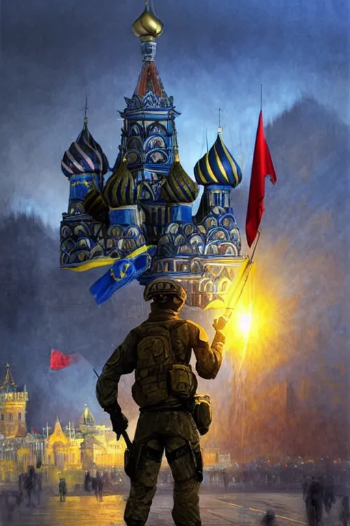 Image similar to special forces soldier installin ukrainian blue and yellow flag on red square kremlin, masculine figure, d & d, fantasy, bright atmosphere, volumetric lights, intricate, elegant, extremely detailed, digital painting, artstation, concept art, matte, smooth, sharp focus, hyper realistic, illustration, art by artgerm and greg rutkowski and alphonse mucha