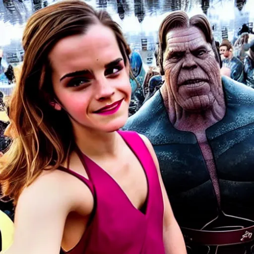 Prompt: a selfie of emma watson with thanos