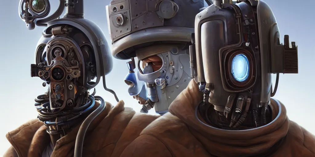 Prompt: highly detailed portrait painting of welder, window, perfect symmetrical eyes, bionical prosthesis, by eddie mendoza and tyler edlin, 8 k resolution