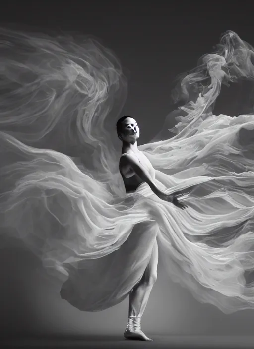 Image similar to a Photorealistic dramatic hyperrealistic render of a glamorous beautiful Female smoke dancer by Ken Brower and Deborah Ory of NYC Dance project,Lois Greenfield,Flowing cloth and smoke,Beautiful dynamic dramatic dark moody lighting,volumetric,shadows,cinematic atmosphere,Octane render,8K