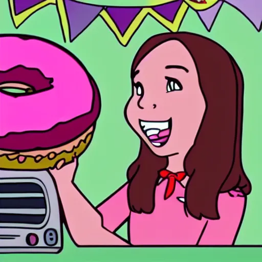 Image similar to A tv that has Mabel Pines!!!!!!! from Gravity falls tv show eating a donut on the tv