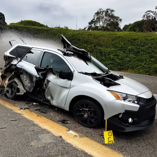 Prompt: 2017 photo of Mitsubishi Ralliart violent crash crumpled metal 1 car accident front side view sunny slightly over cast day
