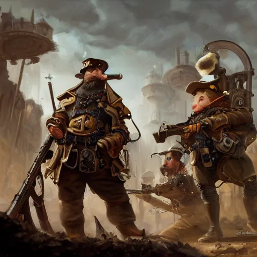 Image similar to oil painting of anthropomorphized hamster legion holding rifles, steampunk clothes, steampunk city background, sharp focus, fantasy style, octane render, volumetric lighting, 8k high definition, by greg rutkowski, highly detailed, trending on art Station, dungeons and dragons artwork, centered