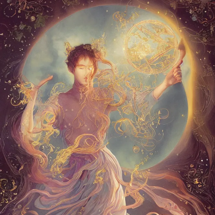 Prompt: a ultra - detailed beautiful painting major arcana the magician, sigils, runes, magical items, by hsiao ron cheng, ngai victo, nivanh chanthara jean delville wlop and dougherty patrick, trending on artstation, orb of agamento, light sparkles,, sky, sharp focus, soft light