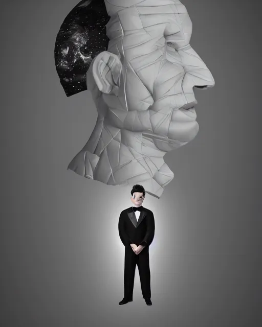 Image similar to a man in a tuxedo with a full moon on his head, an ambient occlusion render by Igor Morski, featured on cgsociety, pop surrealism, rendered in cinema4d, rendered in unreal engine, octane render