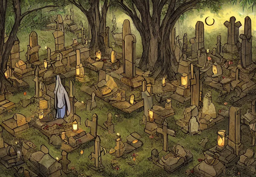 Image similar to possums dressed as monks at a medieval cemetery at night, highly detailed, digital art, isometric