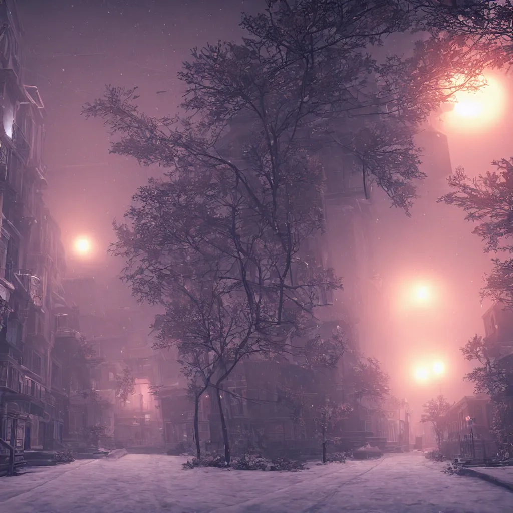 Prompt: a snowy street, red moon, unreal engine, global illumination, smoke, detailed and intricate environment, mysterious, in the style of aetherpunk