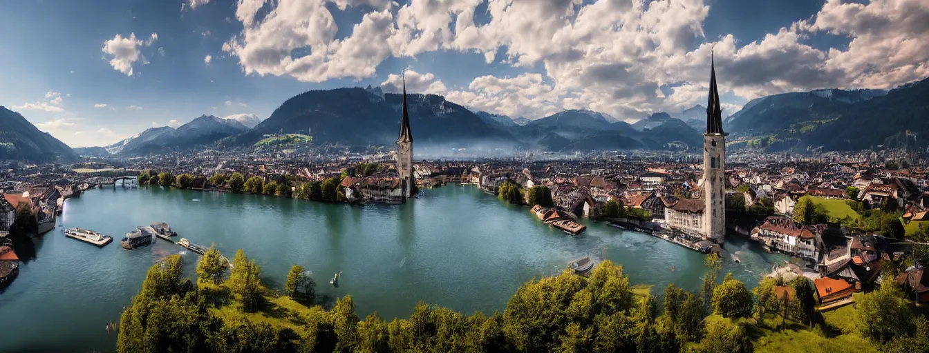 Image similar to Photo of Zurich, in the Alps, Limmat at the lake, Hardturm, Grossmünster, wide angle, volumetric light, hyperdetailed, light blue water, artstation, cgsociety, 8k