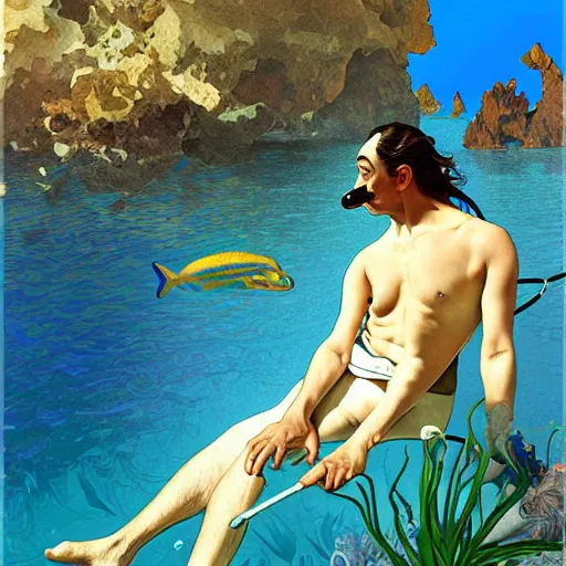 Image similar to salvador dali snorkeling in cap de ras, highly detailed, digital painting, artstation, sharp focus, illustration, art by tan zi and alphonse mucha