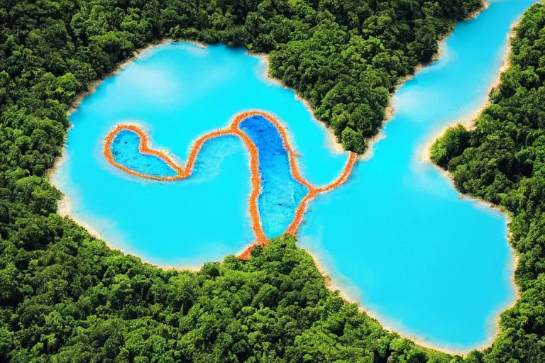 Image similar to a gigantic blue lagoon with the shape of a detailed human heart, in the middle of a exhuberant and colorful jungle, roads to the lake as veins and arteries, aerial photography by yann arthus bertrand