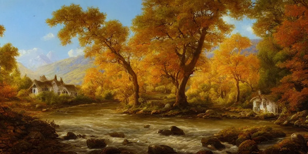 Prompt: a beautiful landscape painting of a cottage by a river in a valley, autumn season, by john glover, oil on canvas, highly detailed, hd, 4 k