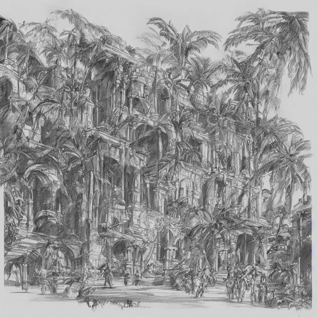 Image similar to vintage architectural drawing black and white sketch on yellowed paper. the sketch depicts an alien palace in a jungle. people wearing togas are walking around outside the palace. the page is ripped and burned