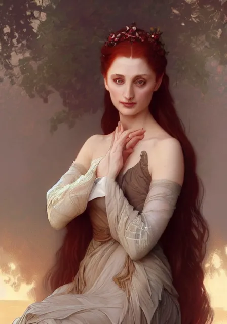 Image similar to sansa gessica chastain, intricate, elegant, highly detailed, digital painting, artstation, concept art, smooth, sharp focus, illustration, art by artgerm and greg rutkowski and alphonse mucha and william - adolphe bouguereau