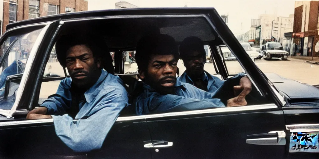 Image similar to bronx, black men sit in the 7 0 s car, holding a magnum, closeup, coloured film photography, bruce davidson photography