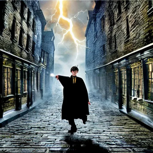 Prompt: Harry potter daniel radcliffe, yellow light spell, voldemort is visible, side view, thunderclouds, cinematic shot, wide shot, epic scale, photorealistic detail and quality, intricate cobblestone, magical special effects, movie still, nighttime, crescent moon, sharp and clear, action shot, intense scene, visually coherent, symmetry, rule of thirds, movement, photorealistic colors, cool colors transitioning to warm colors, modest tone, award winning, directed by Steven Spielberg, Christopher Nolan, Tooth Wu, Asher Duran, artstation