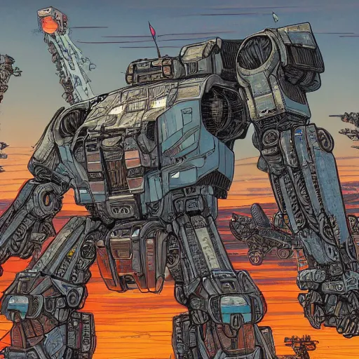 Image similar to hyper detailed comic illustration of a giant mechwarrior robot and the sunset in the distance, by Josan Gonzalez and Geof Darrow, highly detailed, 8k wallpaper